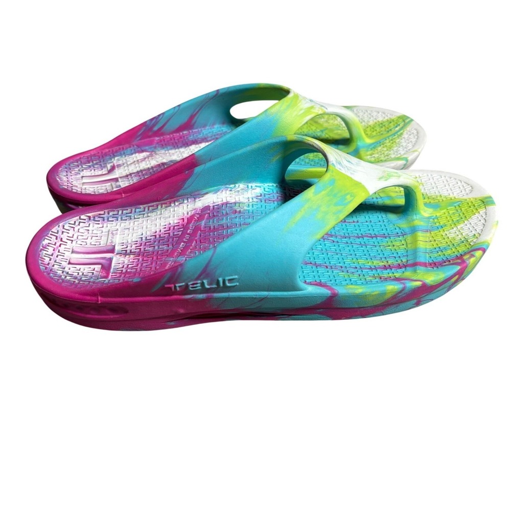 Telic Energy Flip Flops Tie Dye Recovery Sandals Pink Teal Green Womens Size M